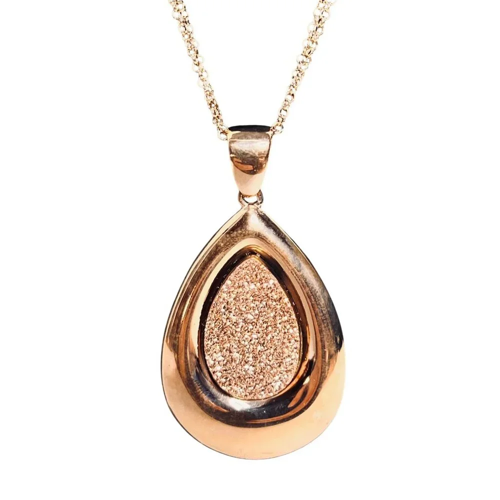 Bronzo Italia Rose Gold Tone Necklace With Druzy Quartz Teardrop Pendant (6291) - Picture 2 of 9